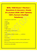 BIOL 1000 Exam 1 Review &vert;&NewLine;Questions & Answers &vert; Grade&NewLine;A&plus;&vert; &lpar;Latest 2026&sol; 2027 Update&rpar;&NewLine;100&percnt; Correct &lpar;Verified&NewLine;Solutions&rpar;&NewLine;Living organisms organization&NewLine;1&period; Atoms&NewLine;2&period; Molecules&NewLine;3&period; Organelles&NewLine;4&period; Cells&NewLine;5&period; Tissues&NewLine;6&period; Organs