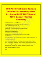 BIOl 1211 First Exam Review &vert;&NewLine;Questions & Answers &vert; Grade&NewLine;A&plus;&vert; &lpar;Latest 2026&sol; 2027 Update&rpar;&NewLine;100&percnt; Correct &lpar;Verified&NewLine;Solutions&rpar;&NewLine;Nine qualifications of a living thing&NewLine;-composed of a common set of chemical compounds&NewLine;-cells are building blocks for life&NewLine;-c