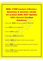 BIOL 11000 Lecture 4 Review &vert;&NewLine;Questions & Answers &vert; Grade&NewLine;A&plus;&vert; &lpar;Latest 2026&sol; 2027 Update&rpar;&NewLine;100&percnt; Correct &lpar;Verified&NewLine;Solutions&rpar;&NewLine;Nucleic Acids -Nucleotides composted of DNA and RNA&NewLine;Lipids -Fats and oils &lpar;Fatty acids&rpar;&NewLine;Proteins -Amino Acids