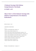 Dialysis Nursing 12th Edition Comprehensive Test Bank by Kallenbach Renal Anatomy and Physiology Chronic Kidney Disease Acute Kidney Injury Hemodialysis Peritoneal Dialysis Vascular Access Fluid Electrolyte Balance Dialysis Complications Medication Manage