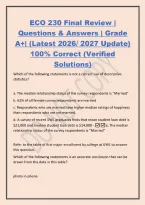 ECO 230 Final Review &vert;&NewLine;Questions & Answers &vert; Grade&NewLine;A&plus;&vert; &lpar;Latest 2026&sol; 2027 Update&rpar;&NewLine;100&percnt; Correct &lpar;Verified&NewLine;Solutions&rpar;&NewLine;Which of the following statements is not a correct use of descriptive&NewLine;statistics&quest;&NewLine;a&period; The median relationship status of the survey re