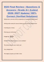 ECO Final Review &vert; Questions &&NewLine;Answers &vert; Grade A&plus;&vert; &lpar;Latest&NewLine;2026&sol; 2027 Update&rpar; 100&percnt;&NewLine;Correct &lpar;Verified Solutions&rpar;&NewLine;Which item is not one of the components of a personal financial plan&quest;&NewLine;Setting aside money for season tickets to your favorite football tea