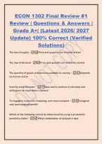 ECON 1302 Final Review &num;1&NewLine;Review &vert; Questions & Answers &vert;&NewLine;Grade A&plus;&vert; &lpar;Latest 2026&sol; 2027&NewLine;Update&rpar; 100&percnt; Correct &lpar;Verified&NewLine;Solutions&rpar;&NewLine;The law of supply - Price and quantity are directly related&NewLine;The law of demand - Price and quantity are indirectly related