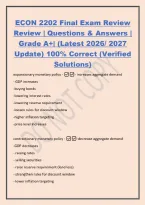 ECON 2202 Final Exam Review&NewLine;Review &vert; Questions & Answers &vert;&NewLine;Grade A&plus;&vert; &lpar;Latest 2026&sol; 2027&NewLine;Update&rpar; 100&percnt; Correct &lpar;Verified&NewLine;Solutions&rpar;&NewLine;expansionary monetary policy -- increases aggregate demand&NewLine;- GDP increases&NewLine;-buying bonds&NewLine;-lowering interest rates&NewLine;-l