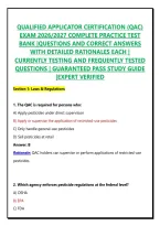 QUALIFIED APPLICATOR CERTIFICATION &lpar;QAC&rpar; EXAM 2026&sol;2027 COMPLETE PRACTICE TEST BANK &vert;QUESTIONS AND CORRECT ANSWERS WITH DETAILED RATIONALES EACH &vert; CURRENTLY TESTING AND FREQUENTLY TESTED QUESTIONS &vert; GUARANTEED PASS STUDY GUIDE &vert;EXPERT VERIFIED