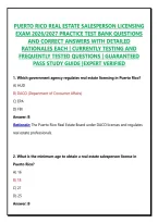 PUERTO RICO REAL ESTATE SALESPERSON LICENSING EXAM 2026&sol;2027 PRACTICE TEST BANK QUESTIONS AND CORRECT ANSWERS WITH DETAILED RATIONALES EACH &vert; CURRENTLY TESTING AND FREQUENTLY TESTED QUESTIONS &vert; GUARANTEED PASS STUDY GUIDE &vert;EXPERT VERIFIED