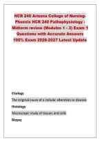 HCR 240 Arizona College of Nursing&NewLine;Phoenix HCR 240 Pathophysiology - &NewLine;Midterm review &lpar;Modules 1 - 3&rpar; Exam 1 &NewLine;Questions with Accurate Answers &NewLine;100&percnt; Exam 2026-2027 Latest Update 