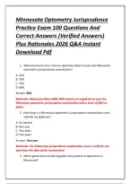 Minnesota Optometry Jurisprudence Practice Exam 100 Questions And Correct Answers &lpar;Verified Answers&rpar; Plus Rationales 2026 Q&A Instant Download Pdf