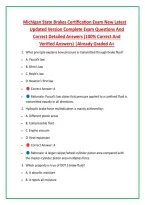 Michigan State Brakes Certification Exam New Latest &NewLine;Updated Version Complete Exam Questions And &NewLine;Correct Detailed Answers &lpar;100&percnt; Correct And &NewLine;Verified Answers&rpar; &vert;Already Graded A&plus;