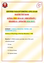 Certified Paraoptometric &lpar;CPO&rpar; Exam &vert; Master Test Bank &vert; Actual 320&plus; Qs & As &vert; New Update &vert; Graded A&plus; &vert; &lpar;Updated 2026&sol;2027&rpar;&NewLine;