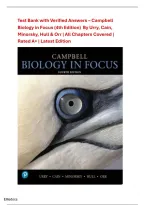 Test Bank with Verified Answers &ndash; Campbell Biology in Focus &lpar;4th Edition&rpar;  By Urry&comma; Cain&comma; Minorsky&comma; Hull & Orr &vert; All Chapters Covered &vert; Rated A&plus; &vert; Latest Edition
