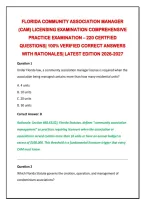 Florida Community Association Manager&NewLine;&lpar;Cam&rpar; Licensing Examination Comprehensive&NewLine;Practice Examination &ndash; 220 Certfied&NewLine;Questions&vert; 100&percnt; Verified Correct Answers&NewLine;With Rationales&vert; Latest Edition 2026-2027 