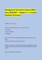 Management Information Systems &lpar;MIS&rpar; &NewLine;Exam 2026&sol;2027 &ndash; Chapters 1&ndash;7 &vert; Practice Questions & Answers &NewLine;  &NewLine;