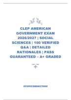 Clep American Government Exam 2026&sol;2027 &vert; Social Sciences &vert; 100 Verified Q&A &vert; Detailed Rationales &vert; Pass Guaranteed &ndash; A&plus; Graded