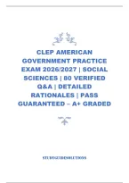 Clep American Government Practice Exam 2026&sol;2027 &vert; Social Sciences &vert; 80 Verified Q&A &vert; Detailed Rationales &vert; Pass Guaranteed &ndash; A&plus; Graded