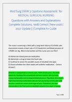 Med Surg EXAM 3 Capstone Assessment  for &NewLine;MEDICAL SURGICAL NURSING &NewLine;Questions with Answers and Explanations &NewLine;Complete Solutions&comma; 100&percnt; Correct &vert; New 2026 &sol; &NewLine;2027 Update &vert; &vert; Complete A&plus; Guide 