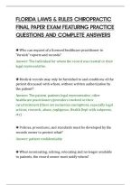 Florida Laws & Rules Chiropractic&NewLine;Final Paper Exam Featuring Practice&NewLine;Questions And Complete Answers&NewLine;