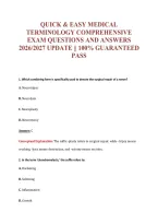 Quick & Easy Medical&NewLine;Terminology Comprehensive&NewLine;Exam Questions And Answers&NewLine;2026&sol;2027 Update &vert;&vert; 100&percnt; Guaranteed&NewLine;Pass