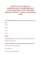 Quick & Easy Medical&NewLine;Terminology Comprehensive&NewLine;Exam Questions And Answers&NewLine;2026&sol;2027 Update &vert;&vert; 100&percnt; Guaranteed&NewLine;Pass