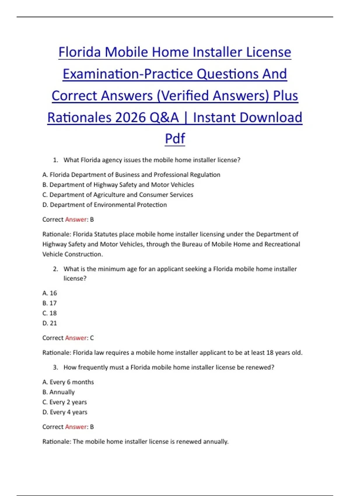 1200 Modular Home Florida Mobile Home Installer License Examination-Practice Questions ...