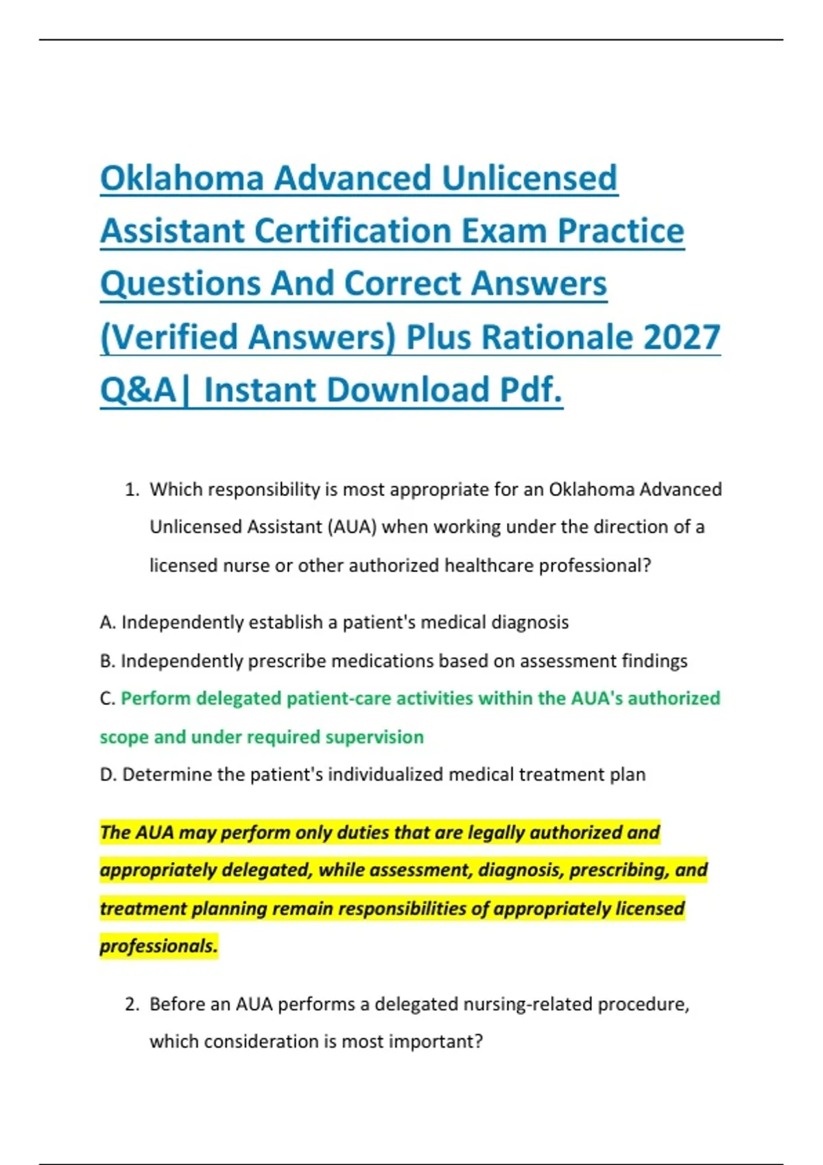 Oklahoma Advanced Unlicensed Assistant Certification Exam Practice ...