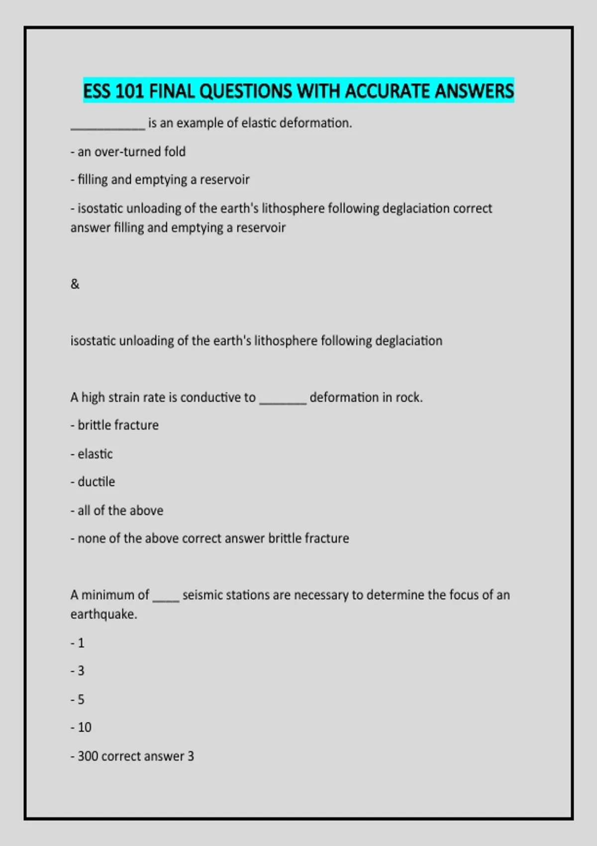 Trivia Final Question Ess 101 Final Questions With Accurate Answers - Geology - Stuvia US