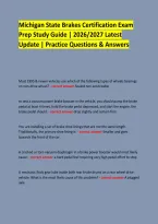 Michigan State Brakes Certification Exam &NewLine;Prep Study Guide &vert; 2026&sol;2027 Latest &NewLine;Update &vert; Practice Questions & Answers &NewLine;
