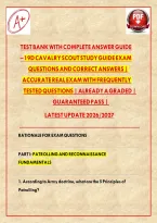 Test Bank with Complete Answer Guide &ndash; 19D Cavalry Scout Study Guide Exam Questions with Correct Answers&NewLine;