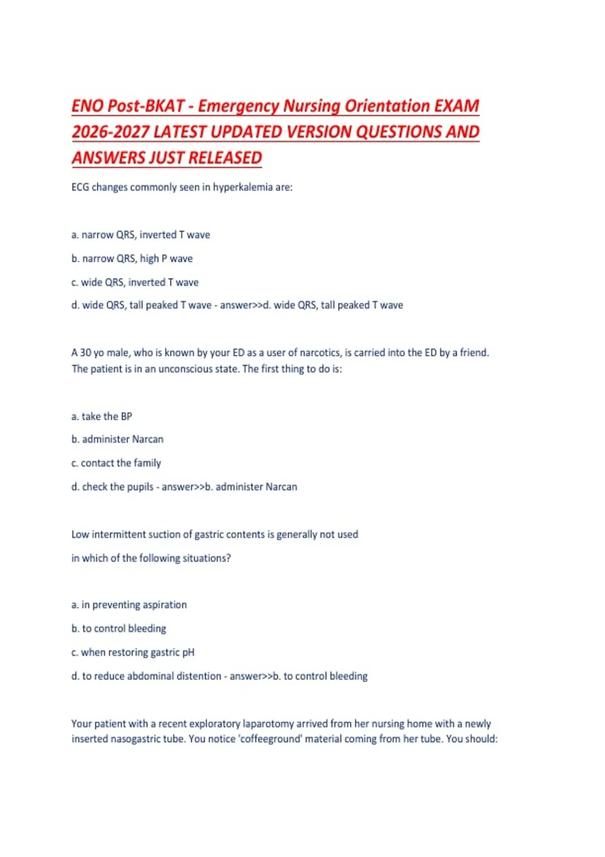 Eno Post-Bkat - Emergency Nursing Orientation Exam Latest Updated ...