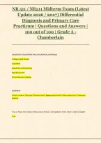 NR 511 &sol; NR511 Midterm Exam &lpar;Latest &NewLine;Update 2026 &sol; 2027&rpar; Differential &NewLine;Diagnosis and Primary Care &NewLine;Practicum &vert; Questions and Answers &vert; &NewLine;100 out of 100 &vert; Grade A - &NewLine;Chamberlain