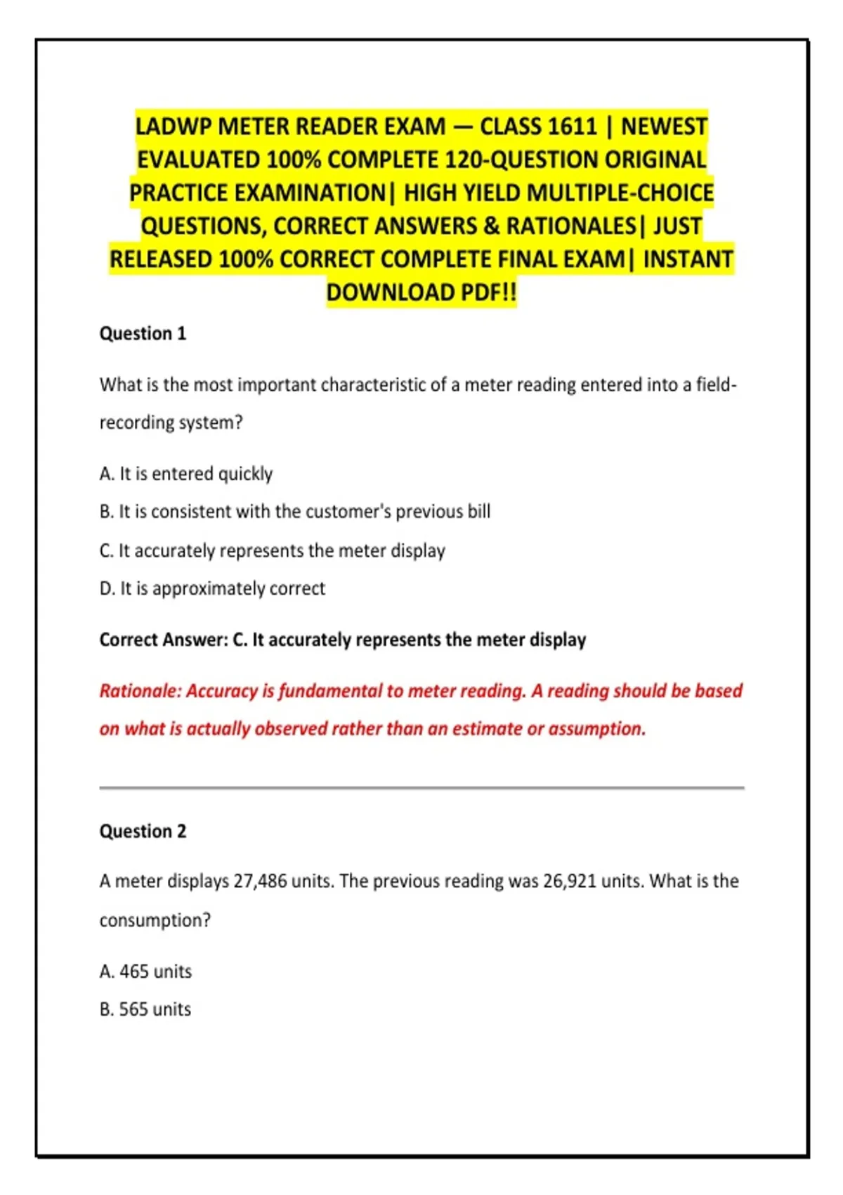 Classification High Yield Adwp Meter Reader Exam — Class 1611 | Newest Evaluated 100% Complete ...