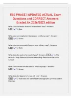 TBS PHASE 1 UPDATED ACTUAL Exam&NewLine;Questions and CORRECT Answers&NewLine;Graded A&plus; 2026&sol;2027 edition&NewLine;What color are water features on a military map&quest; - Answers&NewLine; Blue&NewLine;What color are vegetation features on a military map&quest; - Answers&NewLine; Green&NewLine;What color are manmade