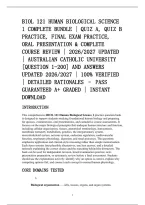 Biol 121 Human Biological Science&NewLine;1 Complete Bundle &vert; Quiz A&comma; Quiz B&NewLine;Practice&comma; Final Exam Practice&comma;&NewLine;Oral Presentation & Complete&NewLine;Course Review &vert; 2026&sol;2027 Updated&NewLine;&vert; Australian Catholic University&NewLine;&lbrack;Question 1-200&rsqb; And Answers&NewLine;Updated 2026&sol;2027 &vert; 100
