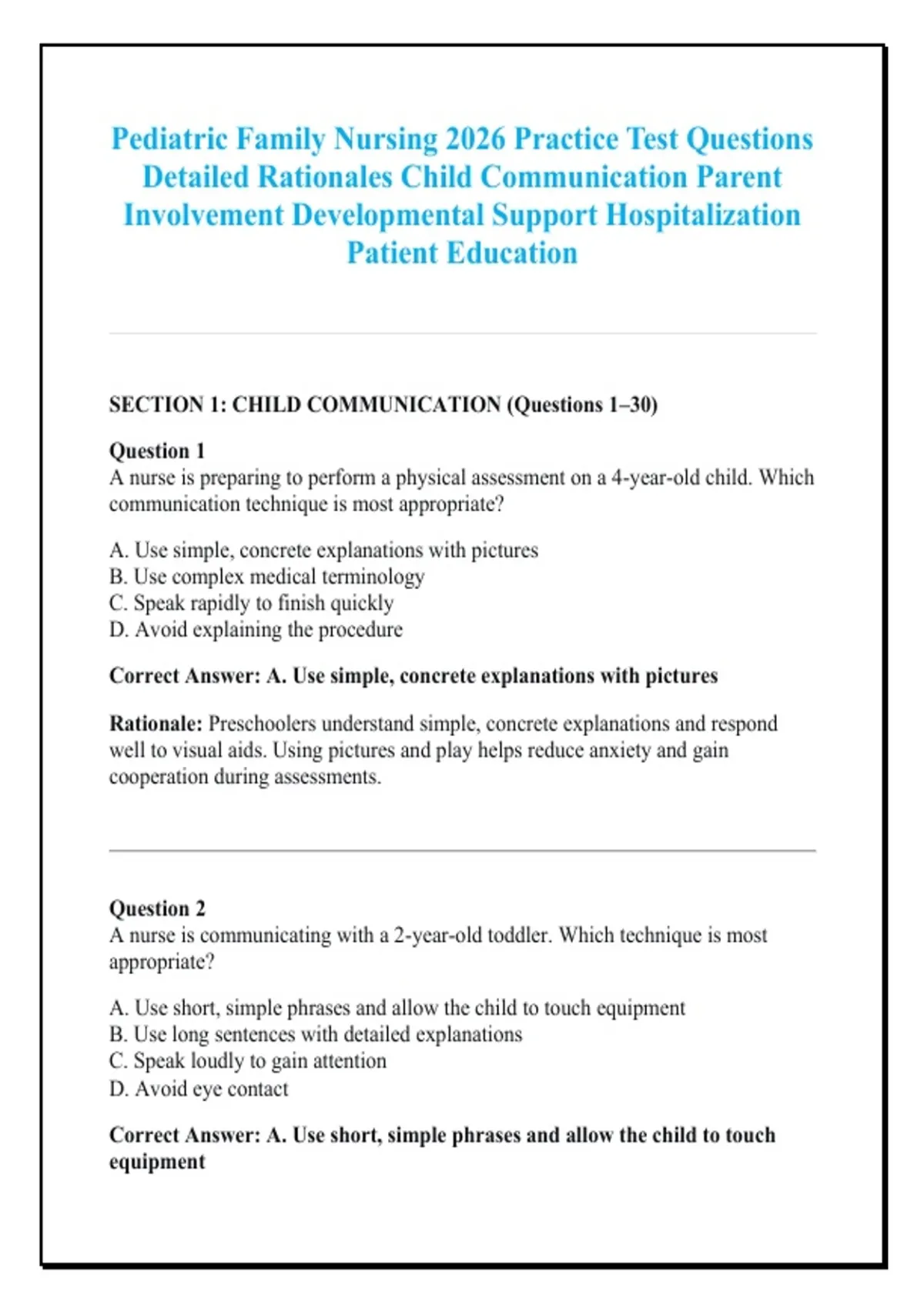 Pediatric Family Nursing 2026 Practice Test Questions Detailed ...