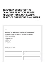 2026&sol;2027 Cpnre Test &num;8 &ndash; Canadian Practical Nurse Registration Exam Review&comma; Practice Questions & Answers
