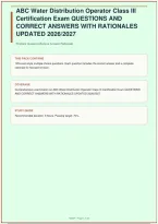 ABC Water Distribution Operator Class III Certification Exam QUESTIONS AND CORRECT ANSWERS WITH RATIONALES UPDATED 2026&sol;2027&NewLine;