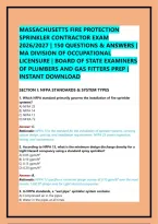 Massachusetts Fire Protection Sprinkler Contractor Exam 2026&sol;2027 &vert; 150 Questions & Answers &vert; Ma Division Of Occupational Licensure &vert; Board Of State Examiners Of Plumbers And Gas Fitters Prep &vert; Instant Download