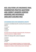 Xcel Solutions Life Insurance Final &NewLine;Examination Practice Questions &NewLine;And Correct Answers &lpar;Verified &NewLine;Answers&rpar; And Rationales &NewLine;2026&vert;2027&vert;Assured Pass  