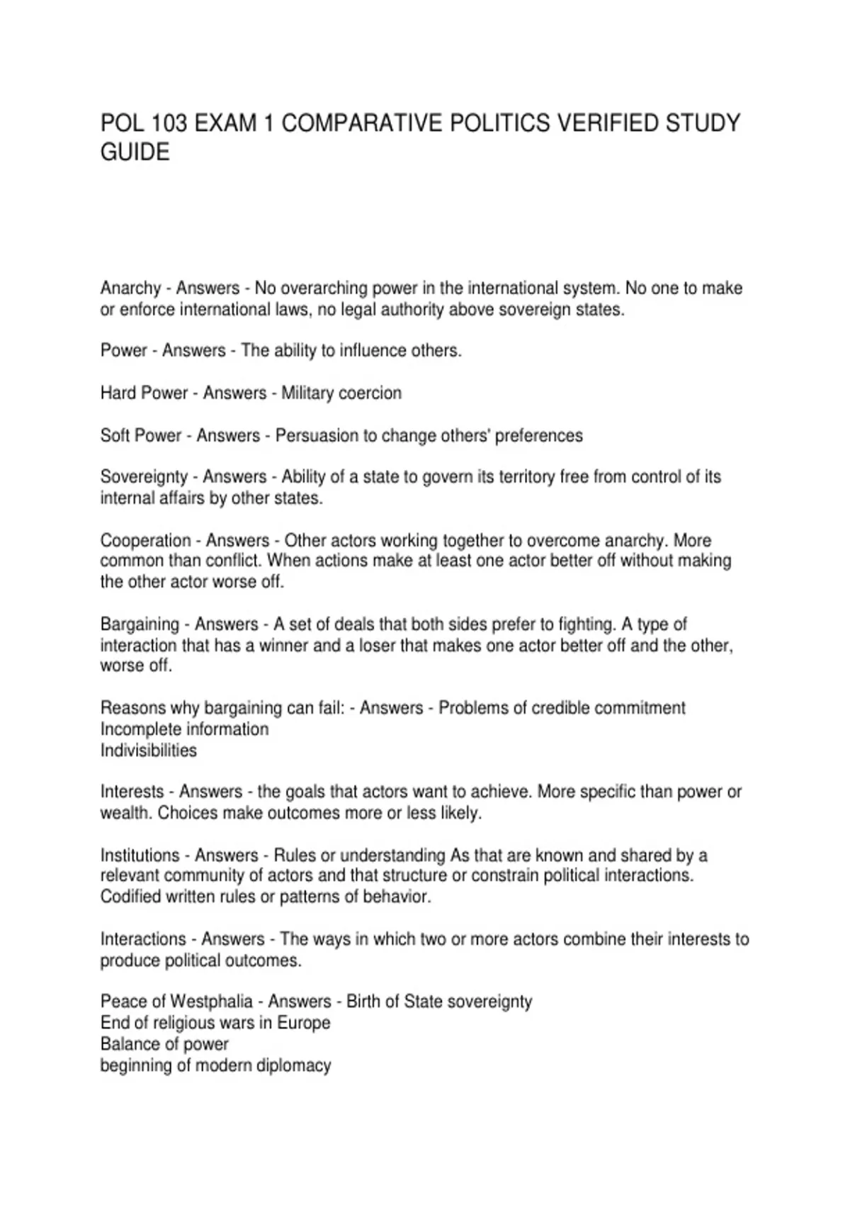 Pol 103 Exam 1 Comparative Politics Verified Study Guide - POL 103 ...