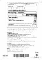 Edexcel A Level Mathematics Paper 1 Pure Mathematics AND Mark Scheme 2026
