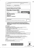 Edexcel A Level Mathematics Paper 31 Statistics AND Mark Scheme 2026