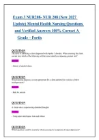 Exam 3 NUR208- NUR 208 &lpar;New 2027 &NewLine;Update&rpar; Mental Healt&hstrok; Nursing Questions    &NewLine;and Verified Answers 100&percnt; Correct A    &NewLine;Grade &ndash; Fortis