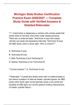 Michigan State Brakes Certification &NewLine;Practice Exam 2026&sol;2027 &mdash; Complete &NewLine;Study Guide with Verified Answers & &NewLine;Detailed Rationales