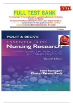 FULL TEST BANK&NewLine;For Essentials Of Nursing Research&colon; Appraising Evidence For Nursing Practice 11th Edition&NewLine;By Denise Polit &lpar;Author&rpar;Quality Document Latest Update Graded A&plus; 