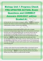 Biology Unit 1 Progress Check&NewLine;FRQ UPDATED ACTUAL Exam&NewLine;Questions and CORRECT&NewLine;Answers 2026&sol;2027 edition&NewLine;Graded A&plus;&NewLine;&lpar;a&rpar; Describe the role of carbon in biological systems&period; - The response&NewLine;indicates that carbon is used to build biological macromolecules su