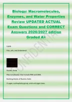 Biology&colon; Macromolecules&comma;&NewLine;Enzymes&comma; and Water Properties&NewLine;Review UPDATED ACTUAL&NewLine;Exam Questions and CORRECT&NewLine;Answers 2026&sol;2027 edition&NewLine;Graded A&plus;