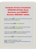 Computer Science Vocabulary&NewLine;UPDATED ACTUAL Exam&NewLine;Questions and CORRECT&NewLine;Answers 2026&sol;2027 edition&NewLine;algorithm - Answers  step by step set of operations that&NewLine;describes how to perform a certain task&NewLine;user-friendly - Answers  easy to use&NewLine;assembler - Answer