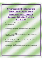 Cybersecurity Fundamentals&NewLine;UPDATED ACTUAL Exam&NewLine;Questions and CORRECT&NewLine;Answers 2026&sol;2027 edition&NewLine;Graded A&plus;&NewLine;Cybersecurity - Protecting systems&comma; networks&comma; and programs&NewLine;from digital attacks&period;&NewLine;Confidentiality &lpar;CIA Triad&rpar; -Ensuring sensitive information is