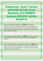 Engineering - Exam 1 Review&NewLine;UPDATED ACTUAL Exam&NewLine;Questions and CORRECT&NewLine;Answers 2026&sol;2027 edition&NewLine;Graded A&plus;&NewLine;What is engineering&quest; &lpar;long definition&rpar; - Engineering is the&NewLine;profession in which a knowledge of mathematical and natural sciences&comma;&NewLine;gained by st