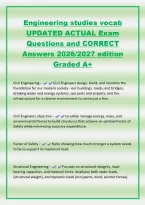 Engineering studies vocab&NewLine;UPDATED ACTUAL Exam&NewLine;Questions and CORRECT&NewLine;Answers 2026&sol;2027 edition&NewLine;Graded A&plus;&NewLine;Civil Engineering - Civil Engineers design&comma; build&comma; and maintain the&NewLine;foundation for our modern society - our buildings&comma; roads&comma; and bridges&comma;&NewLine;drink